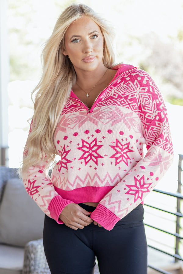 Pull femme Noël, zip — rouge rose