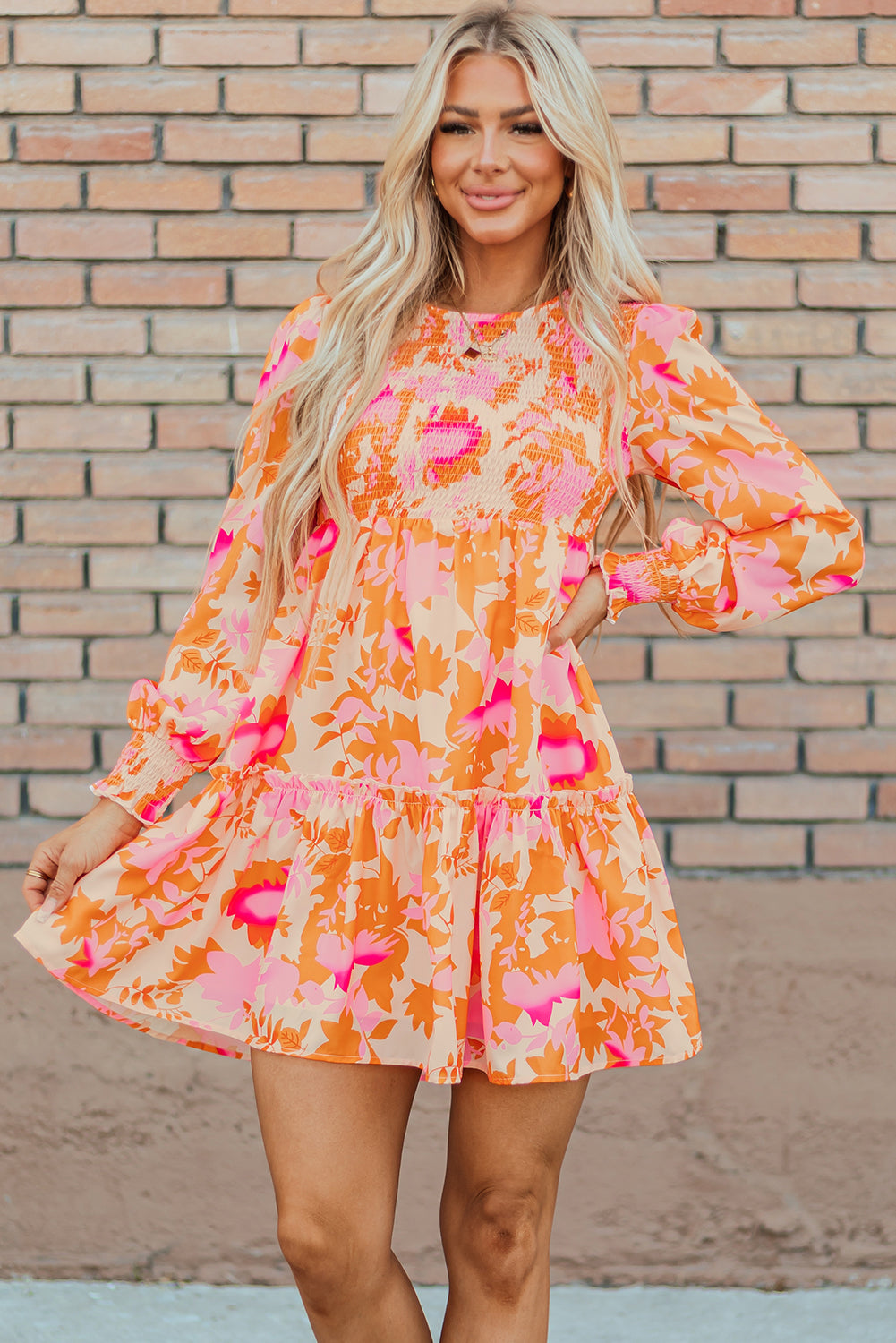 Robe courte femme à volants, smocké — orange