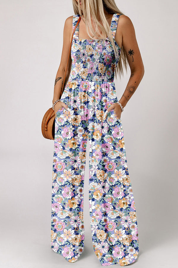 Combinaison femme floral, smocké, taille haute — violet
