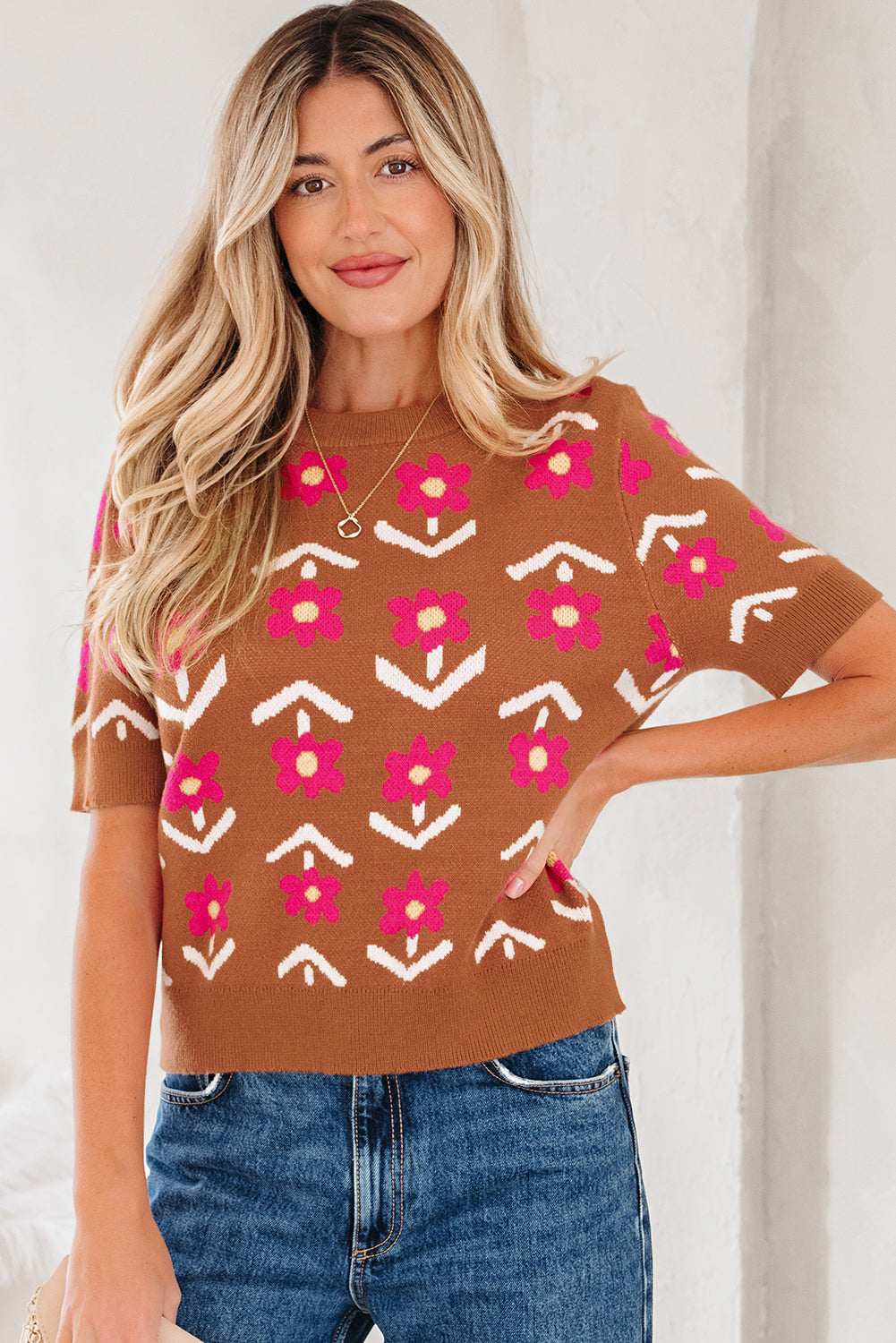 Short femme floral, manches bouffantes — marron