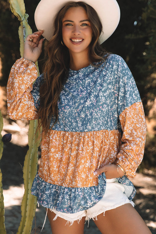 Blouse femme floral, patchwork, à volants, col rond, colorblock — orange