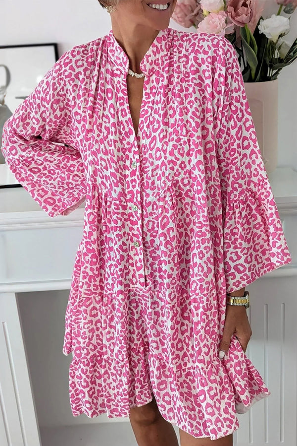 Robe courte femme léopard, boutonnée, manches longues — rose vif