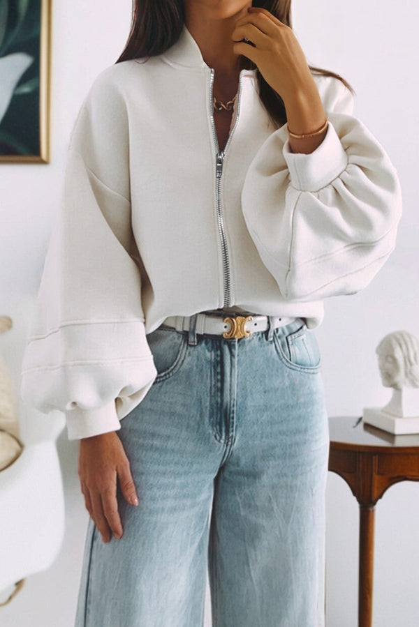 Veste femme en maille, zip, manches bouffantes, uni — blanc