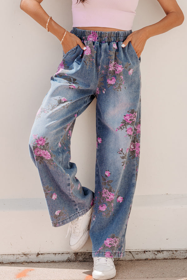 Jean femme floral, taille élastique, casual — bleu ciel · LC7876071-P804 · LC7876071-P804-10