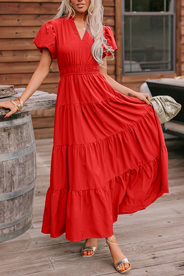 Robe longue femme à étages, manches bouffantes, col V, taille haute, uni, maxi — corail