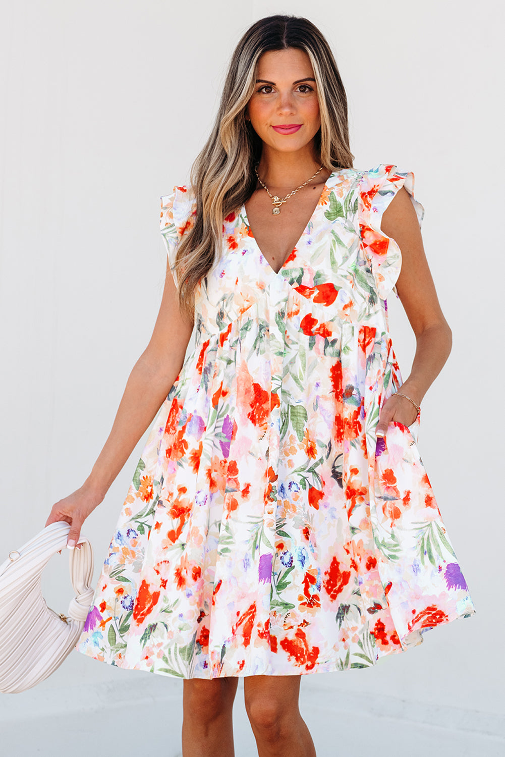 Robe courte femme floral, à volants, col V, taille haute — rose