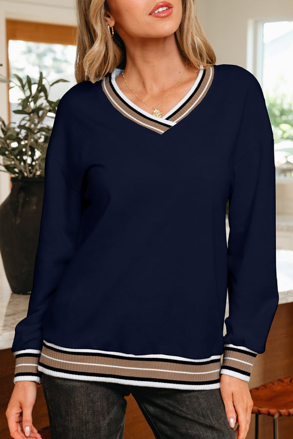 Sweat femme rayé, col V — bleu marine