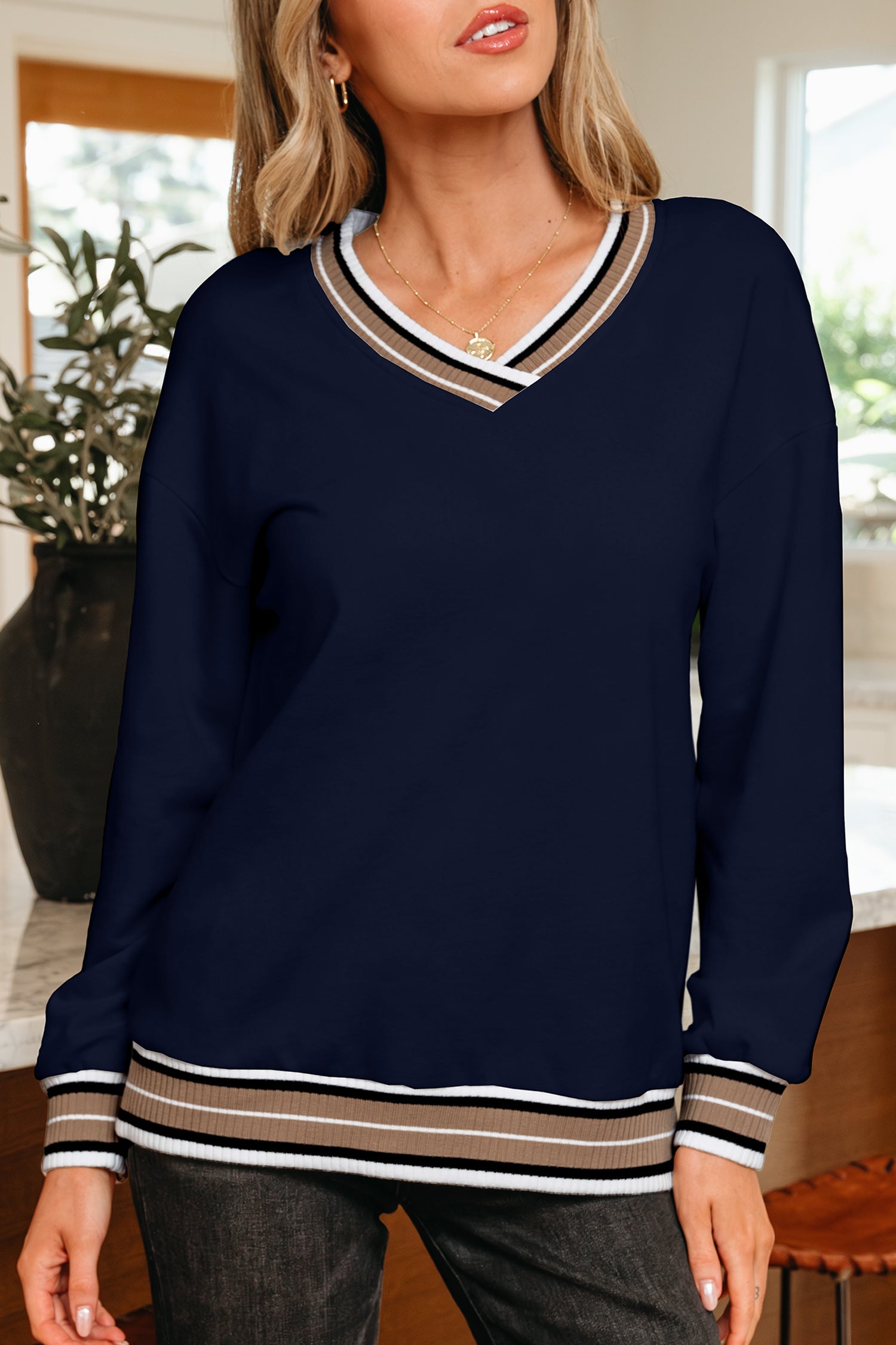 Sweat femme rayé, col V — bleu marine