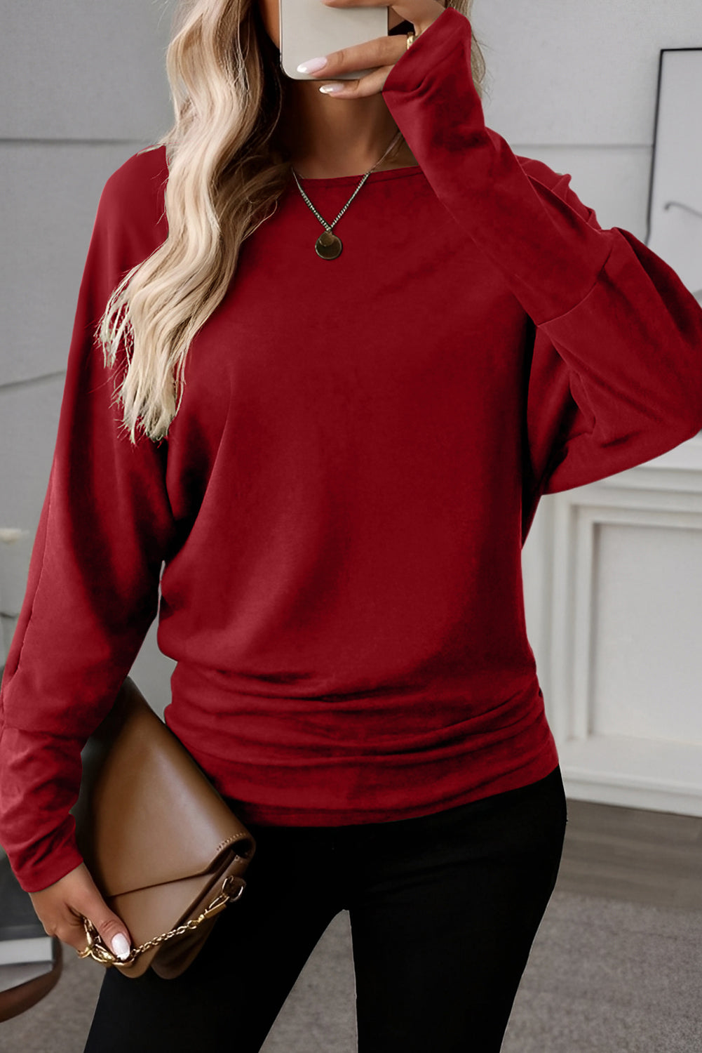 Haut femme manches longues, uni — rouge