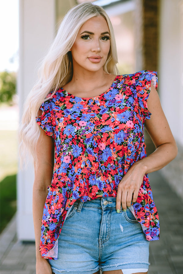 Haut femme floral, à volants, à étages, manches courtes — multicolore
