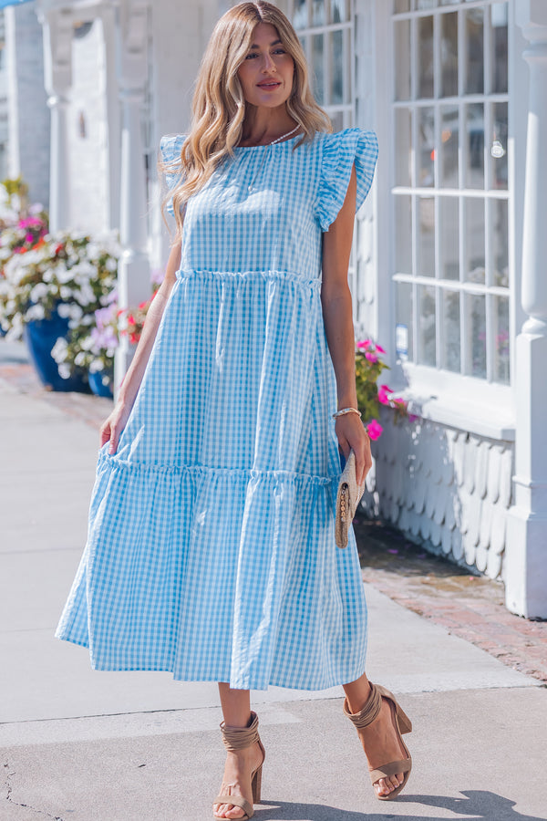 Robe longue femme à volants, manches courtes, maxi — bleu ciel
