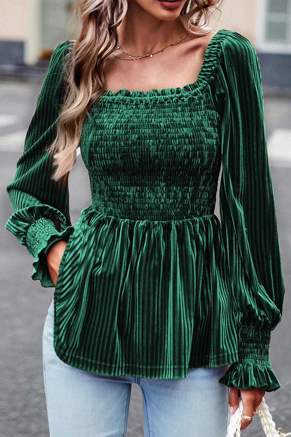 Haut femme velours, smocké, côtelé — vert