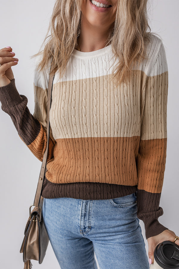 Pull femme en maille, col rond, torsadé, colorblock — kaki