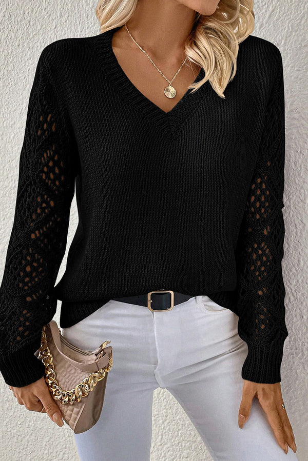 Pull femme patchwork, en maille, col V, uni — noir