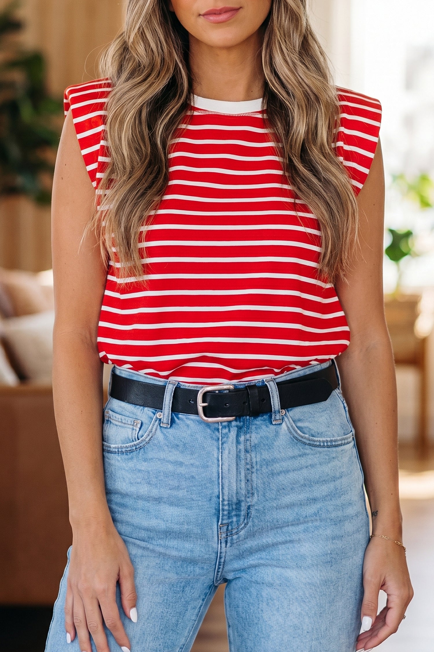 Débardeur femme rayé, col rond, ample, côtelé — rouge