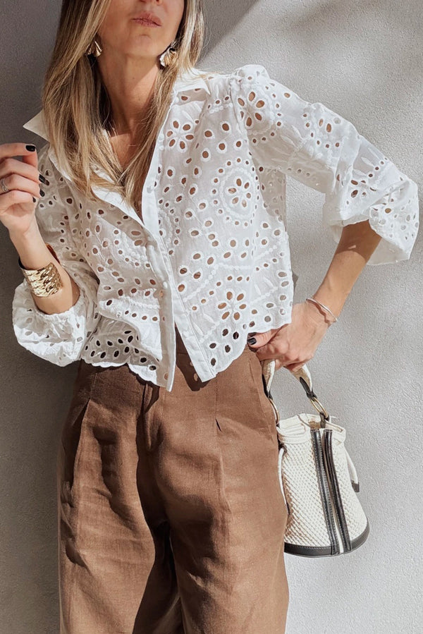 Chemise femme brodé, manches bouffantes, cropped — blanc