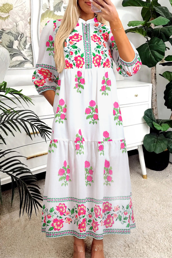 Robe longue femme floral, boutonnée, demi-boutonnage, maxi — blanc