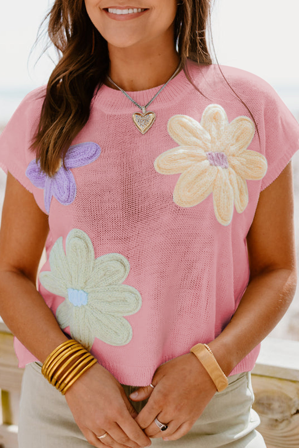 Pull femme en maille, manches courtes — rose