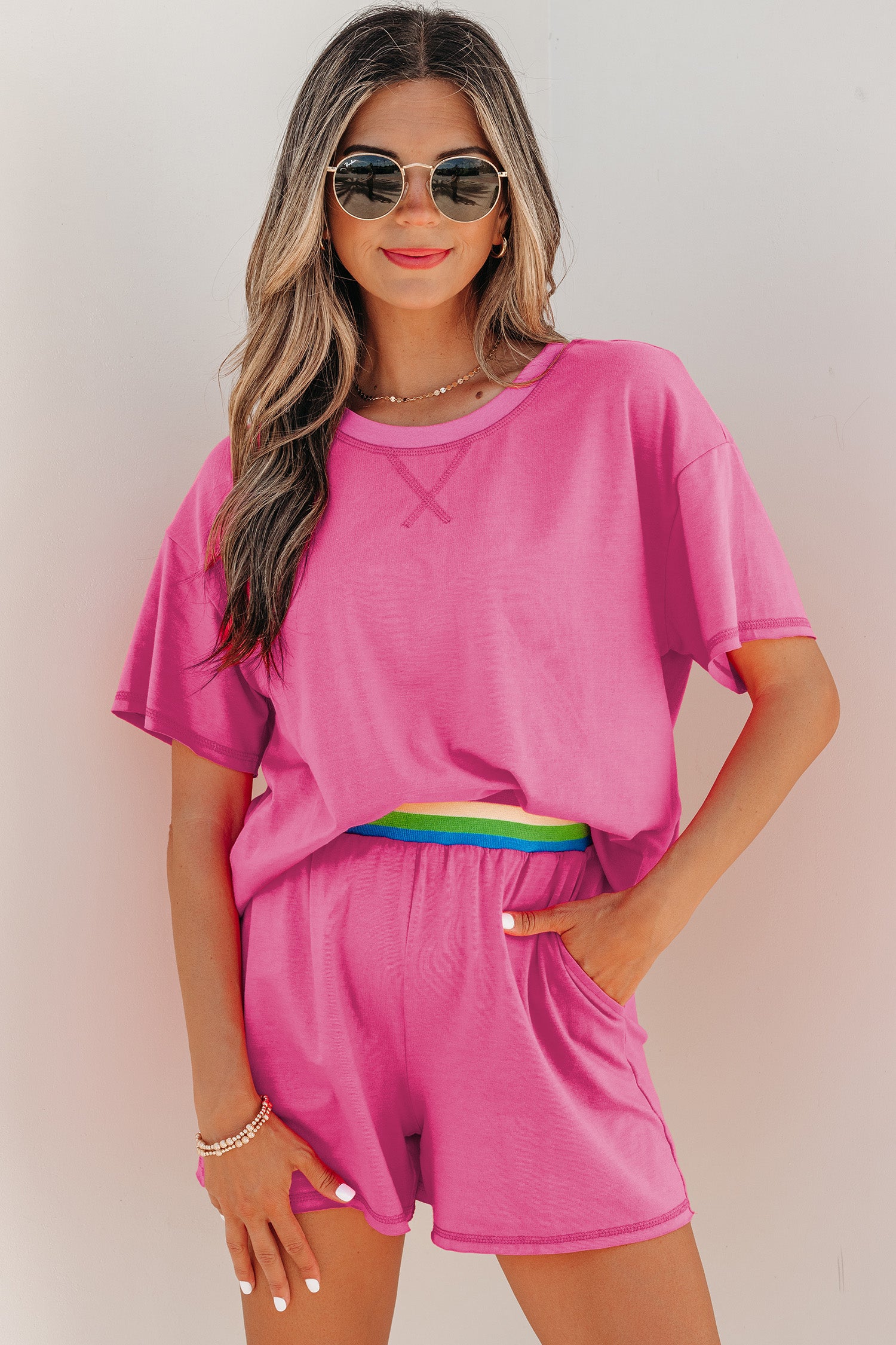 Bright Pink Seam Detail Raw Edge Tee Rainbow Waistband Casual Short Set femme