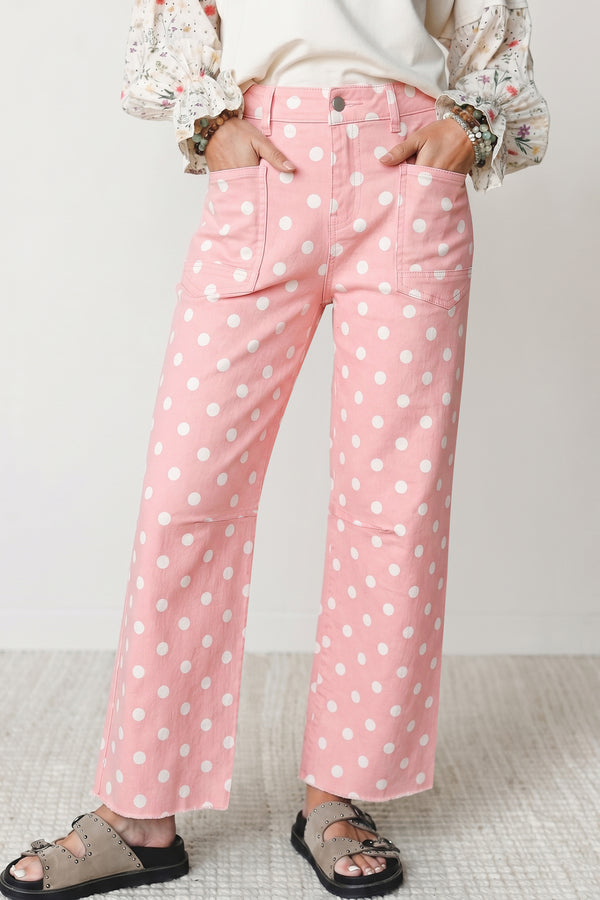 Jean femme pois, coupe slim, casual — rose