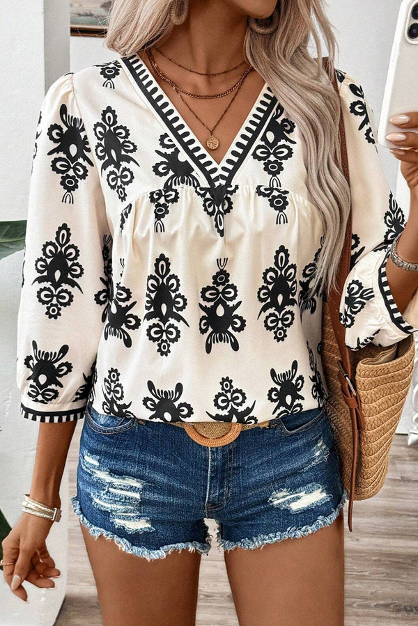 Blouse femme col V, vintage — beige