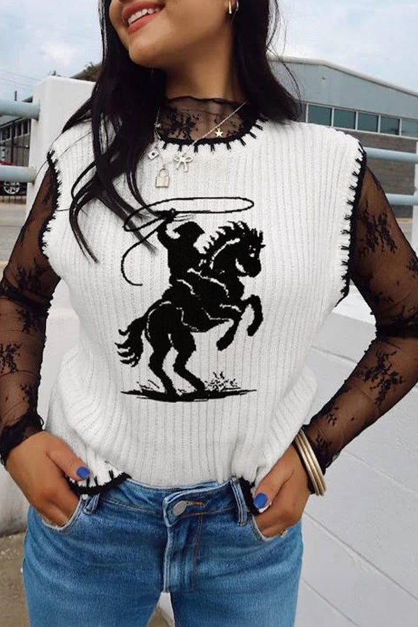 Pull femme col rond, bordure contrastée — blanc
