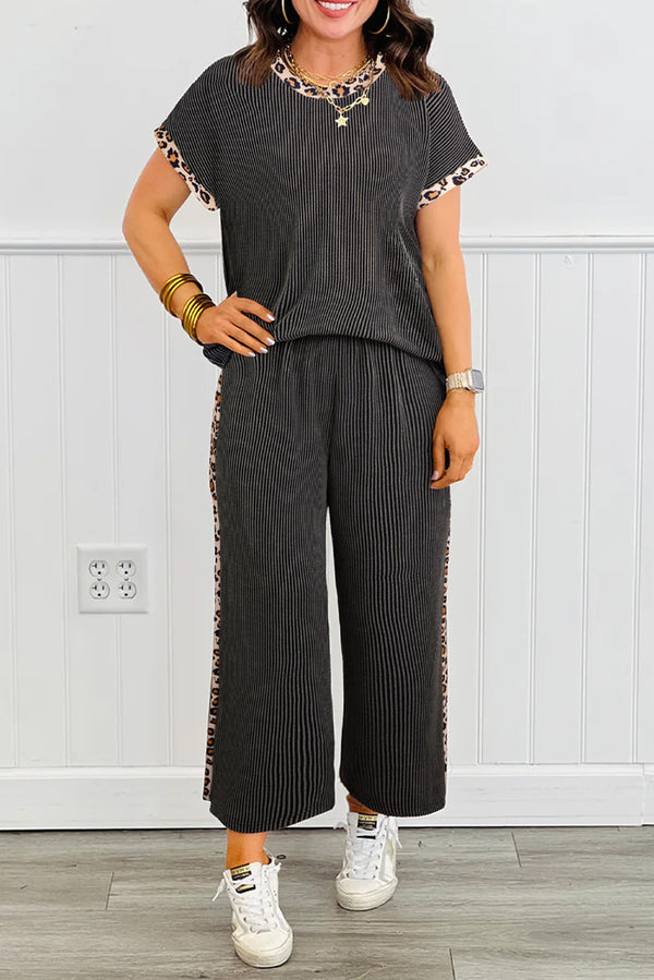 Pantalon femme léopard, patchwork, côtelé, cropped — gris