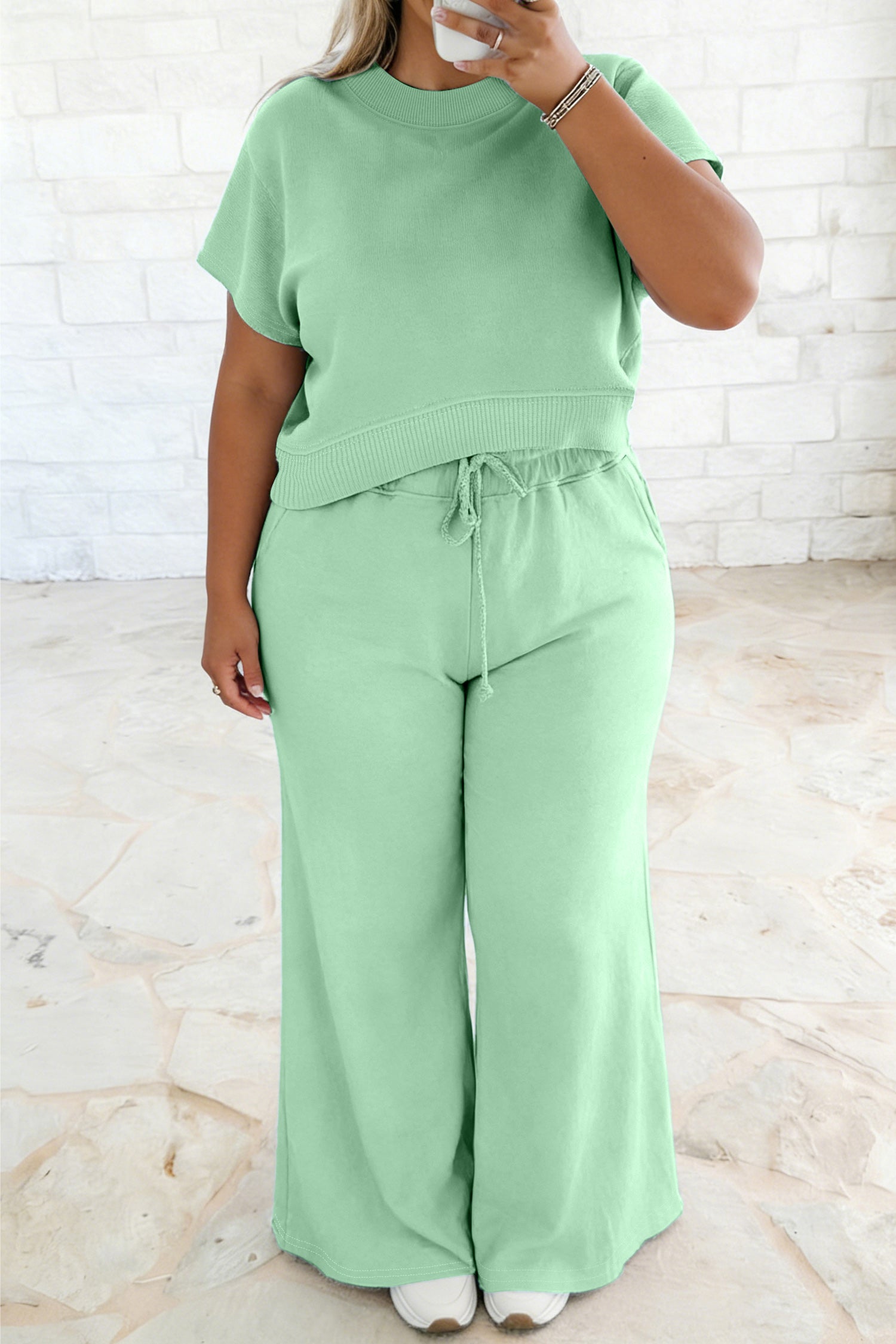 Ensemble femme à cordon, manches courtes, ample, uni, côtelé