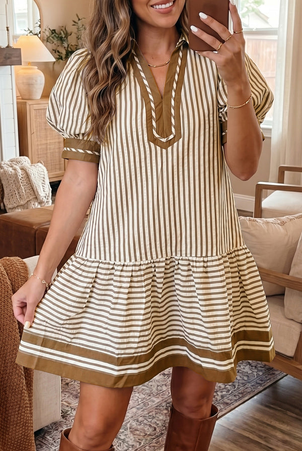 Robe femme rayé, patchwork, à volants, colorblock — marron