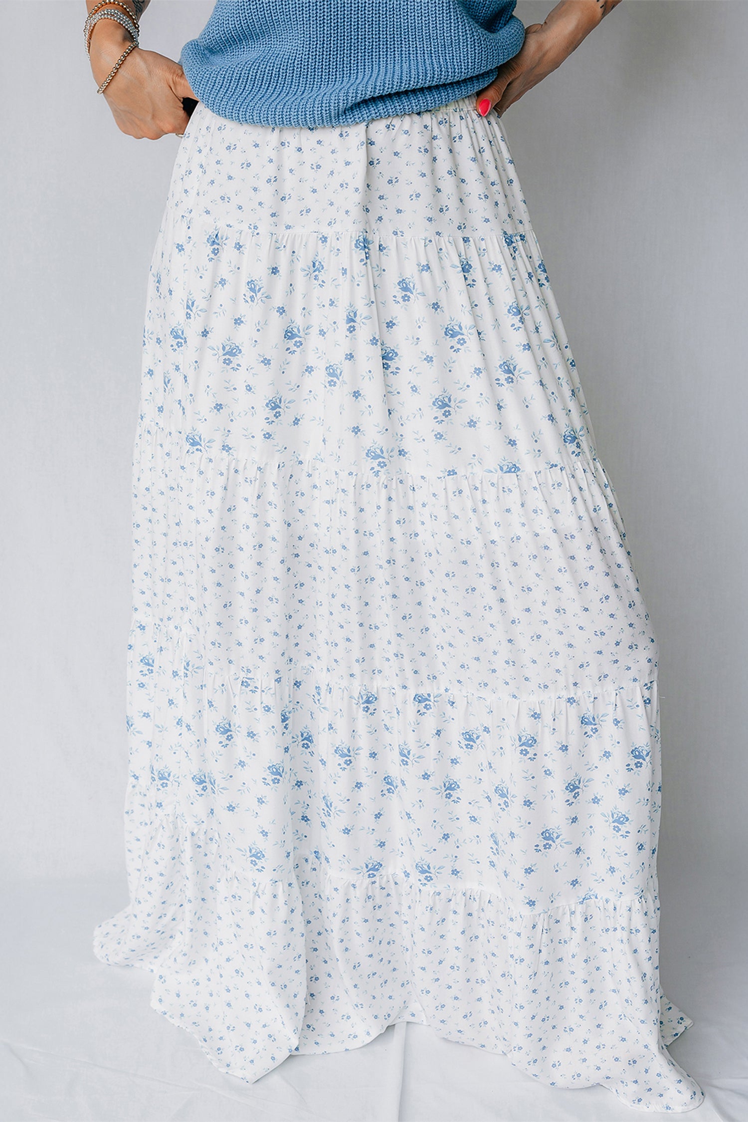 Jupe femme floral, taille haute, maxi — bleu ciel