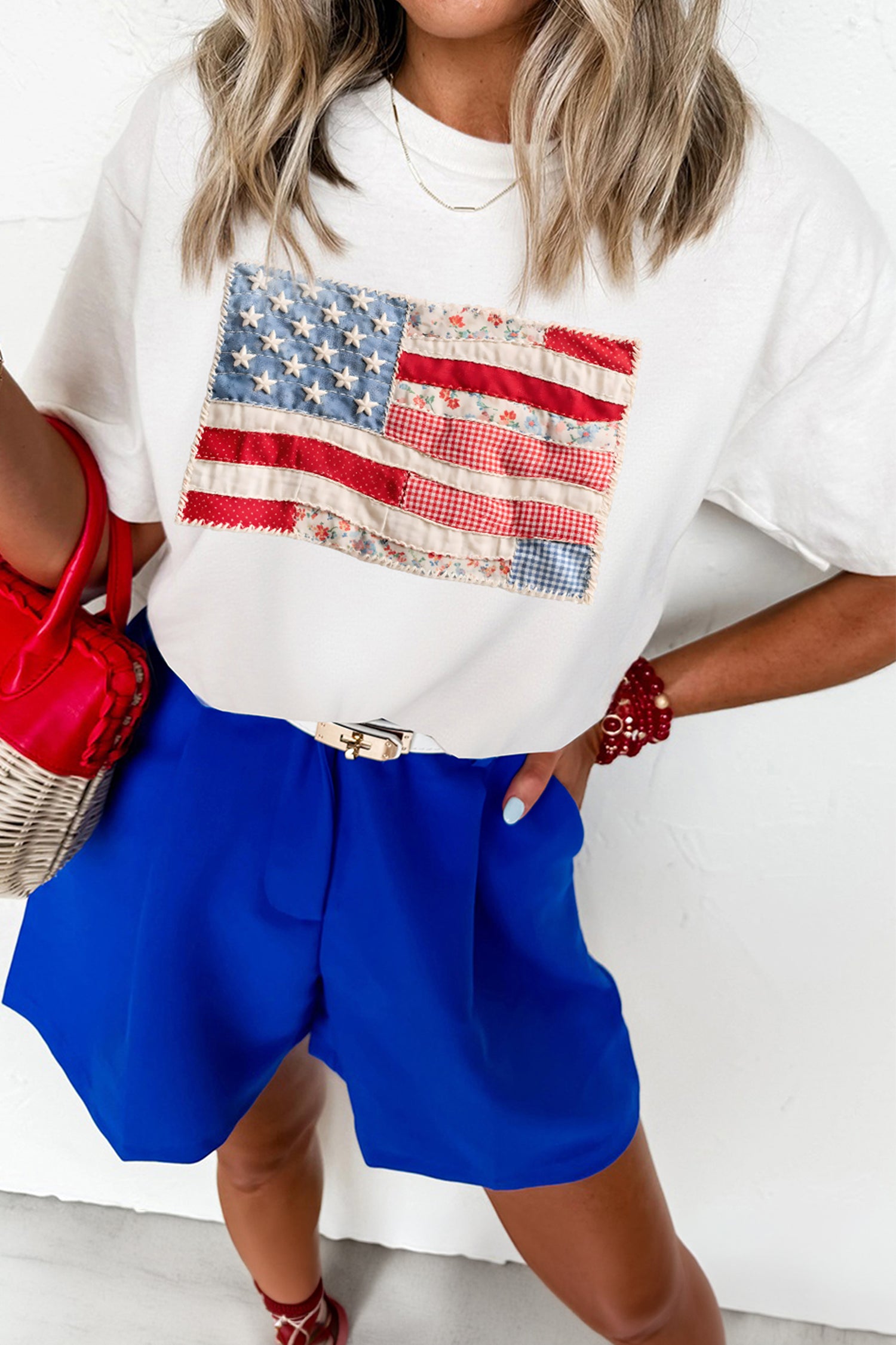 T-shirt patchwork, casual — blanc