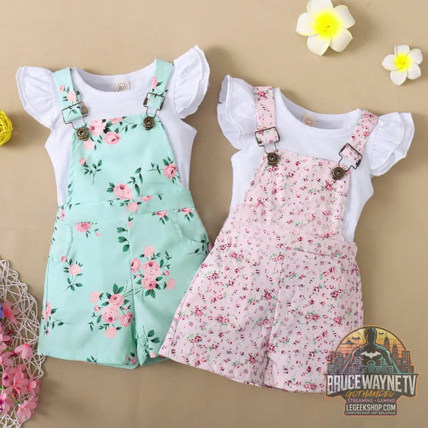 Ensemble Enfant 2 Pièces T-Shirt Volants Pantalon Bretelles Floral - Ensemble Enfant