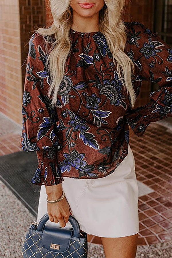 Blouse femme floral, smocké — marron