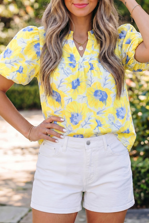 Short femme floral, manches ballon — jaune