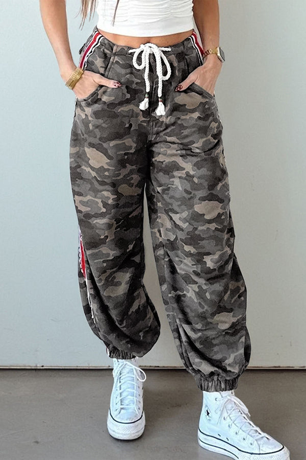 Pantalon femme camouflage, rayé, patchwork, à cordon — vert