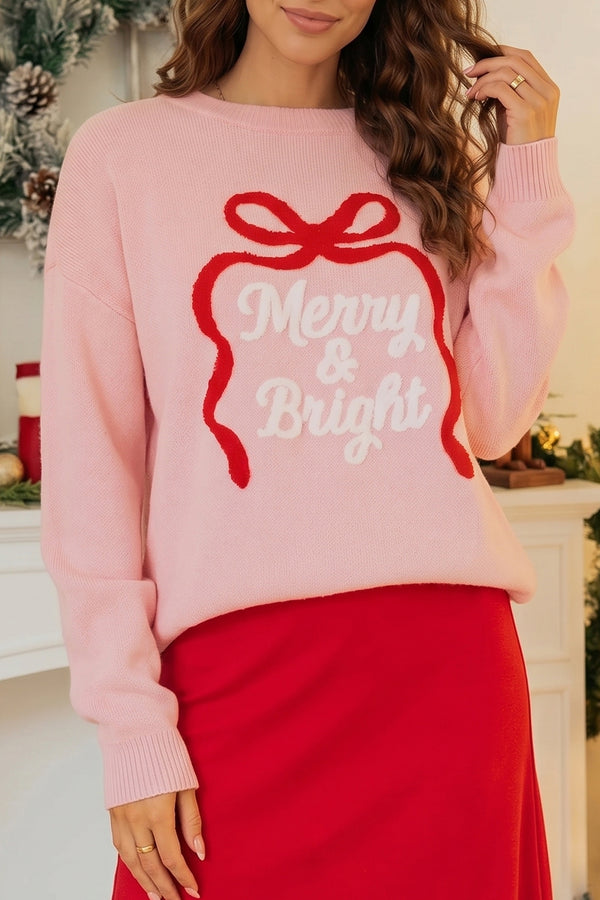 Pull femme brodé, épaules tombantes, col rond — rose