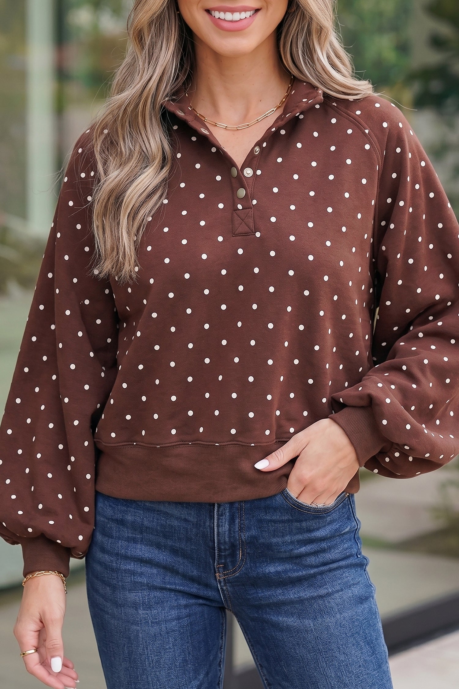 Sweat femme pois, boutonnée, casual — marron