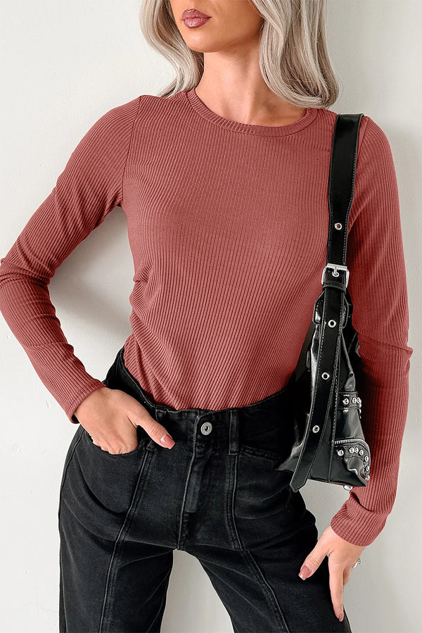 Pièce mode femme manches longues, col rond, uni, côtelé — rouge