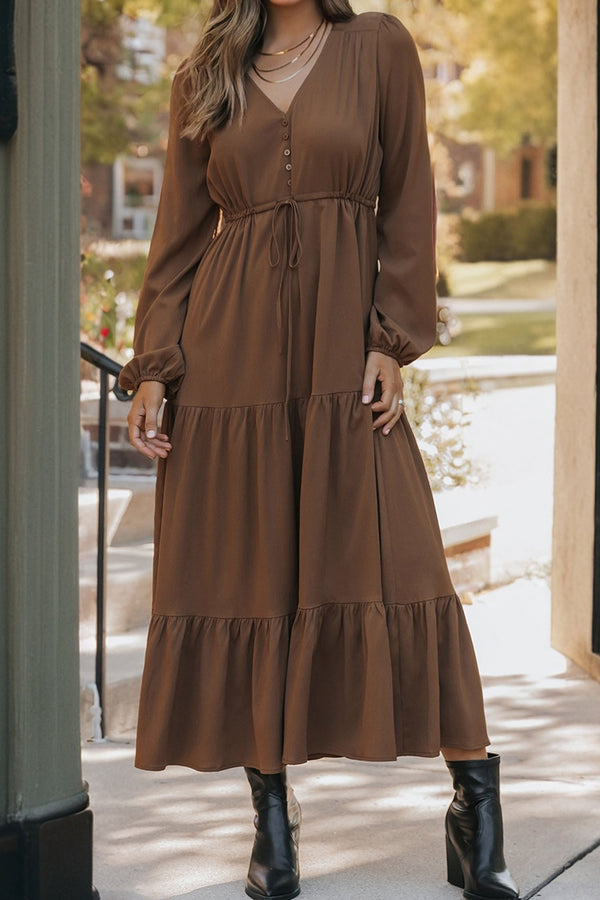 Robe longue femme à étages, boutonnée, manches longues, col V, uni, maxi
