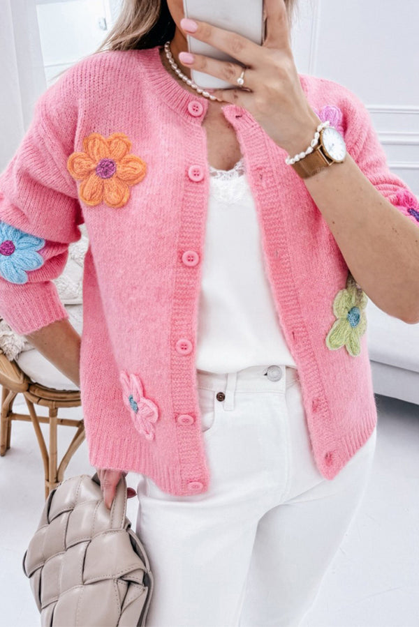 Pink Cute Knitted Floral Pattern Button Up Cardigan femme