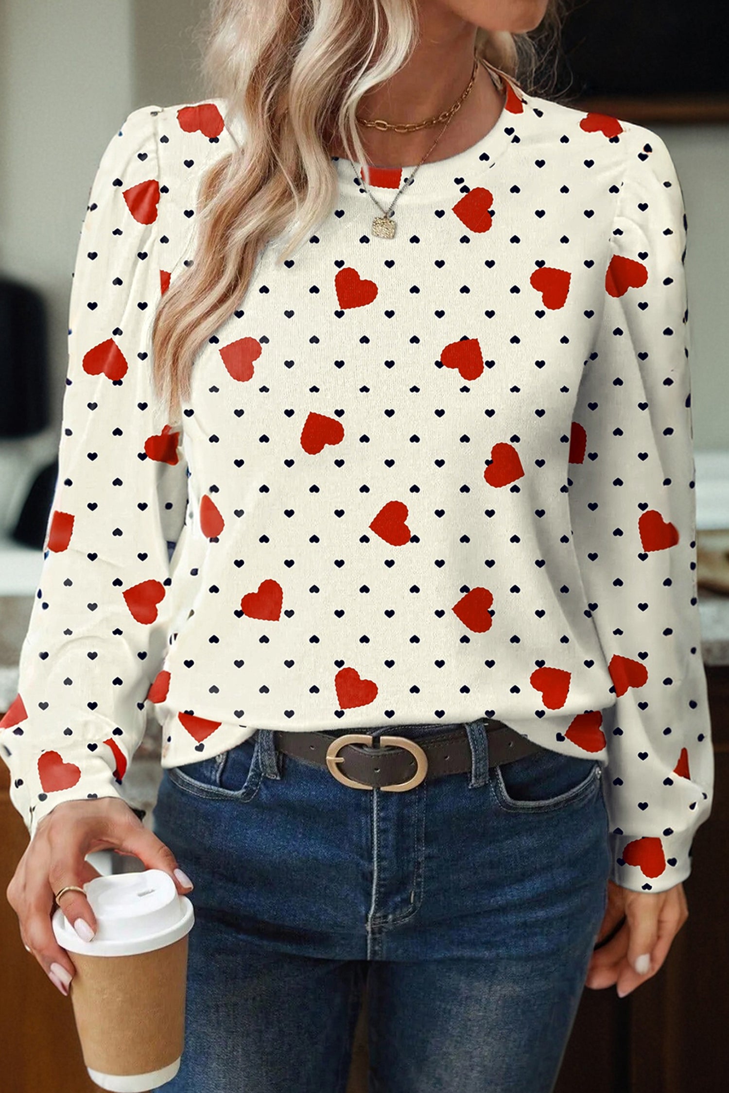 Beige Flower Heart Festive Valentine Blouse femme