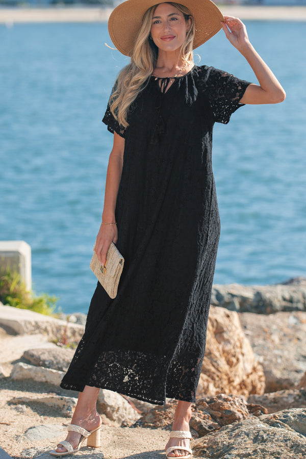 Robe longue femme floral, manches courtes, ample, maxi — noir