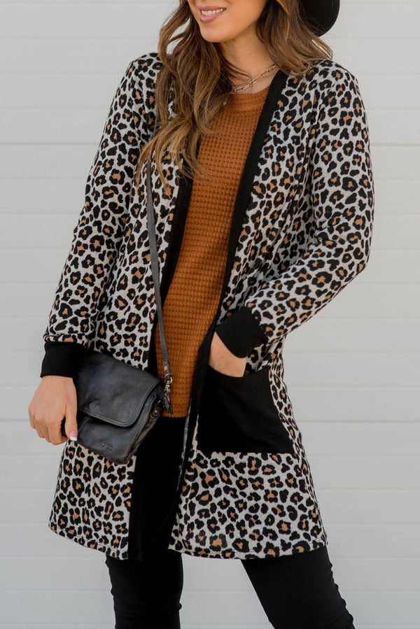 Black Leopard Patched Pocket Open Front Cardigan femme