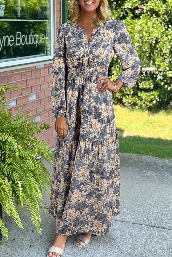 Robe longue femme floral, smocké, manches longues, taille haute, maxi — bleu ciel