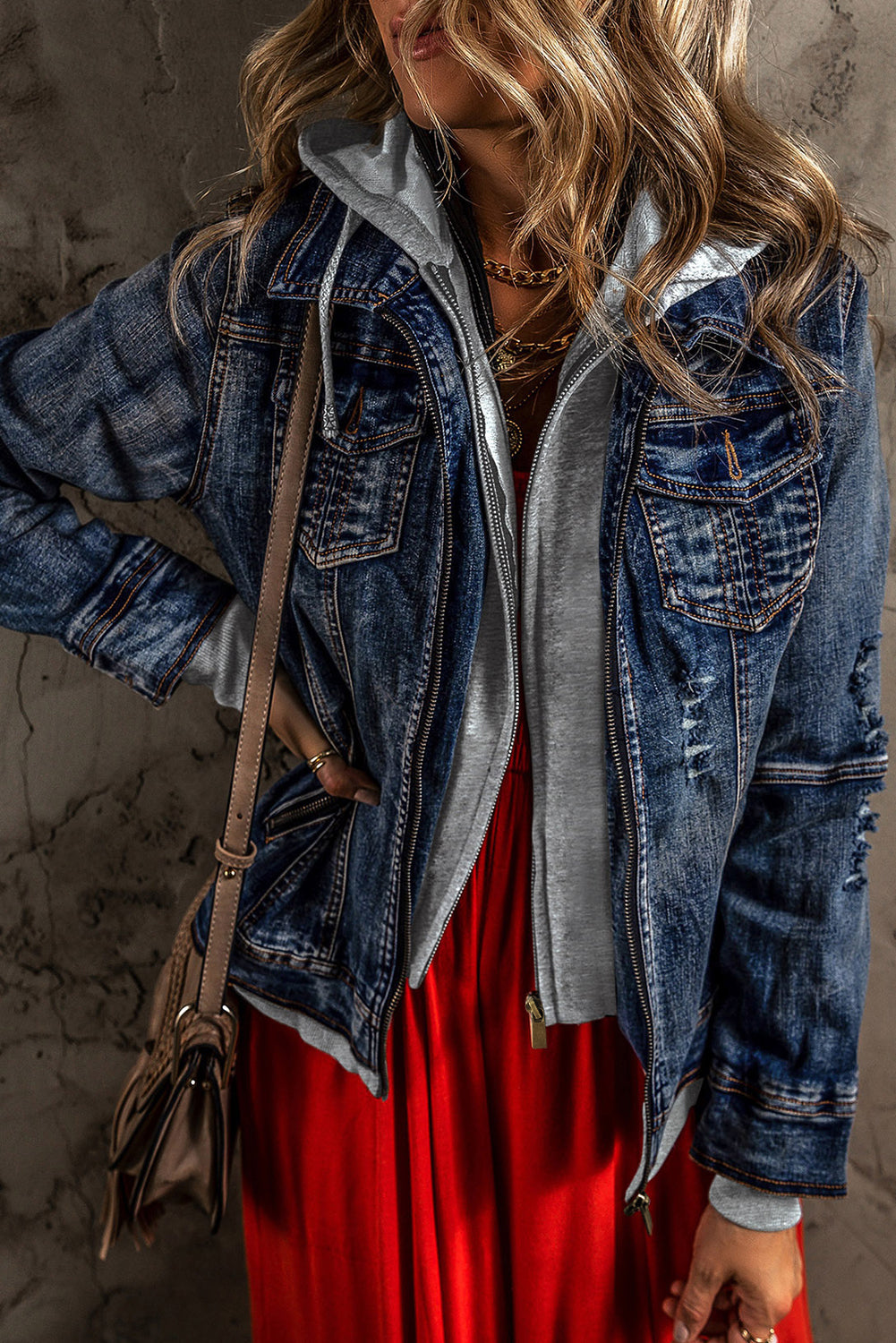 Ensemble femme zip, à capuche, denim — bleu foncé