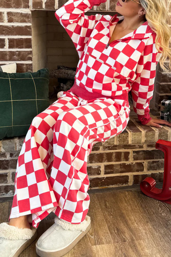 Pantalon femme à carreaux, zip, à capuche, ample — rouge