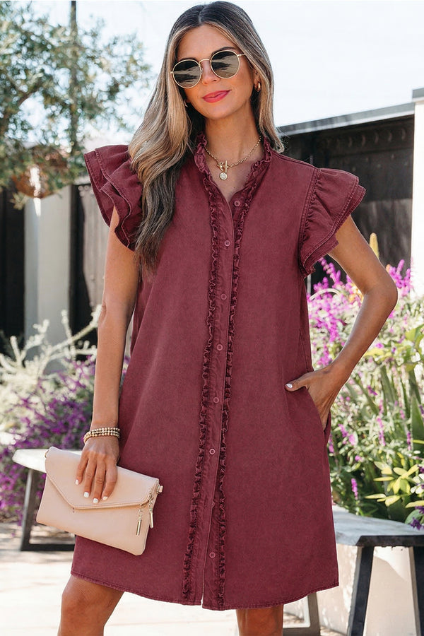 Robe courte femme à volants, boutonnée, manches courtes, denim — rouge