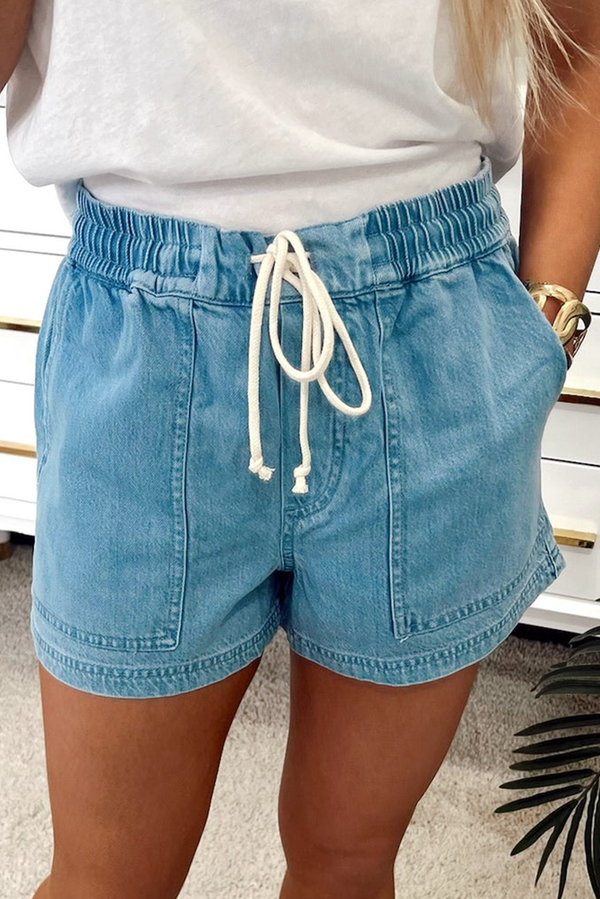Short femme à cordon, taille élastique, denim — bleu ciel