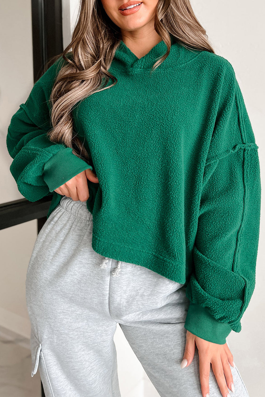 Dark Green Sherpa Fleece Drop Shoulder Hoodie femme