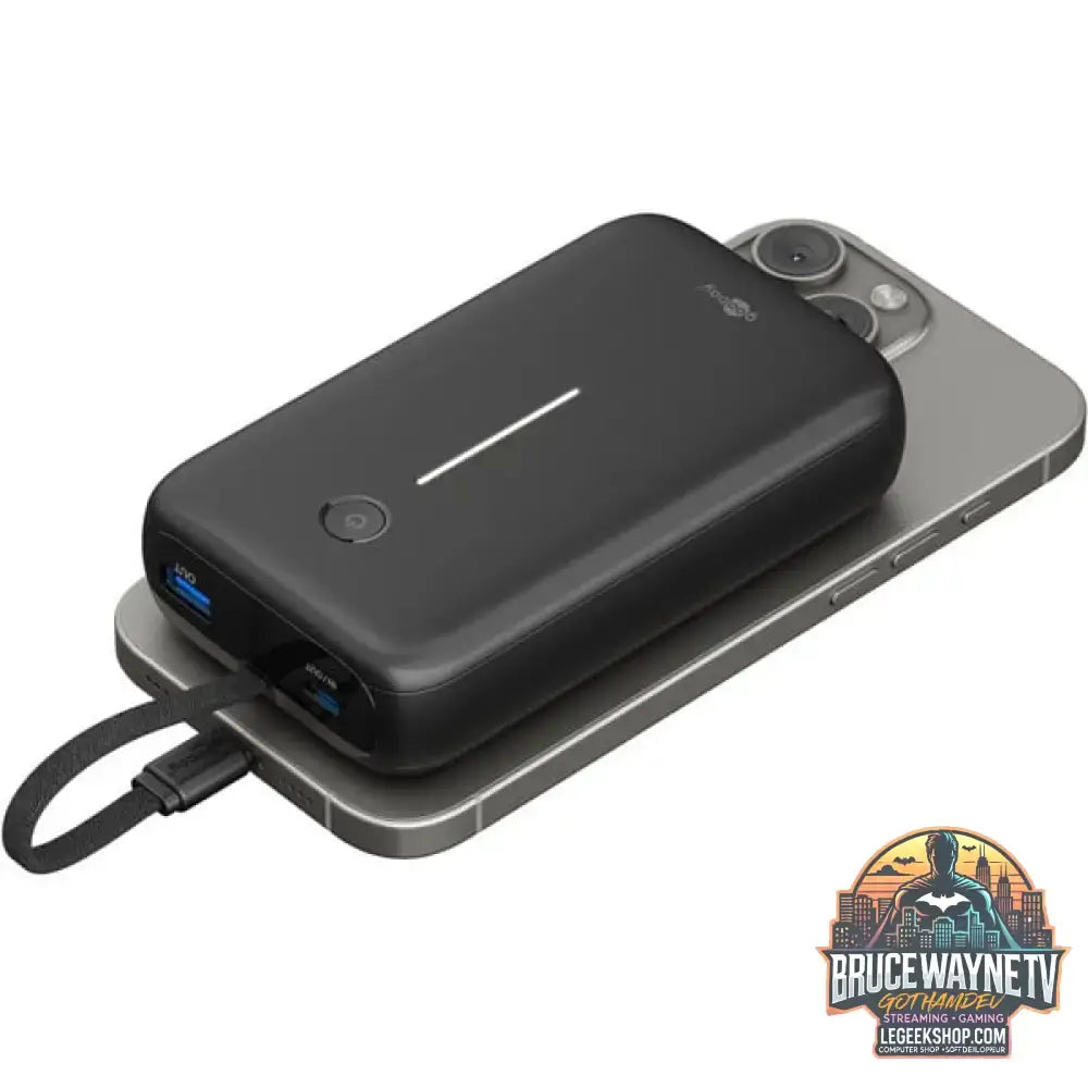 goobay Powerbank 20.000 mAh, integriertes USB-C Kabel 13cm, 30 Watt schwarz, 20 Ah, 1x USB-A, 2x USB-C, PD, QC - Stromquelle: USB-C - vue 5